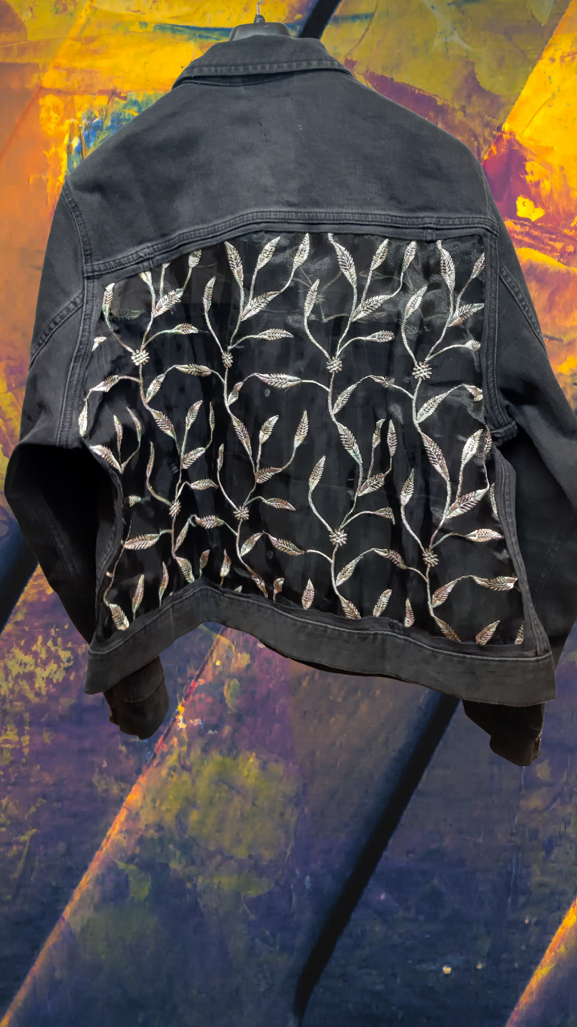 🖤Midnight Forest – Black Denim Jacket with Leaf Embroidery on Black Net Fabric