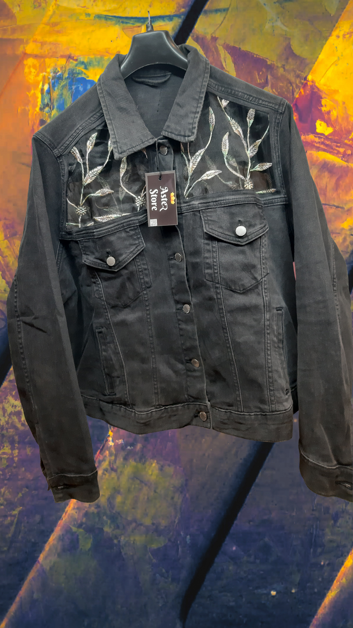 🖤Midnight Forest – Black Denim Jacket with Leaf Embroidery on Black Net Fabric