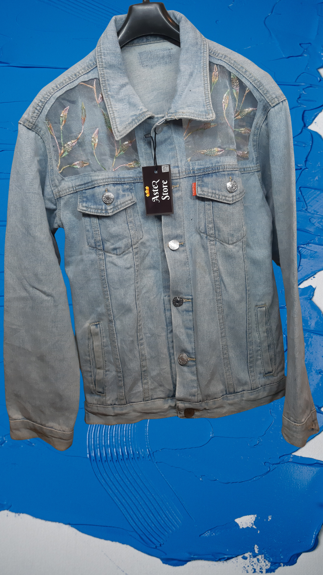 💧Sky Whisper – Light Blue Denim Jacket with Leaf Embroidery on Net Fabric