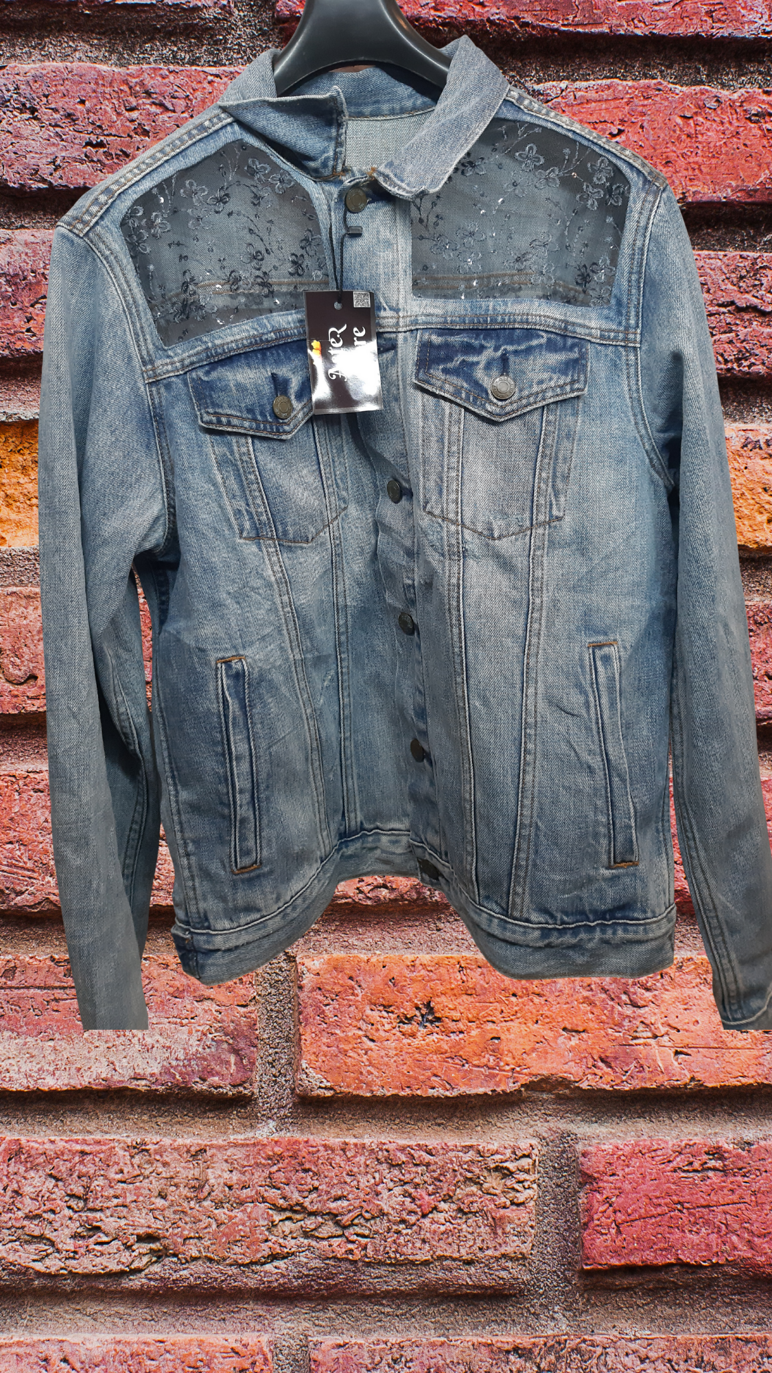 🩵🩶Arctic Grace – Blue Denim Jacket with Grey Thread Embroidery on Net Fabric