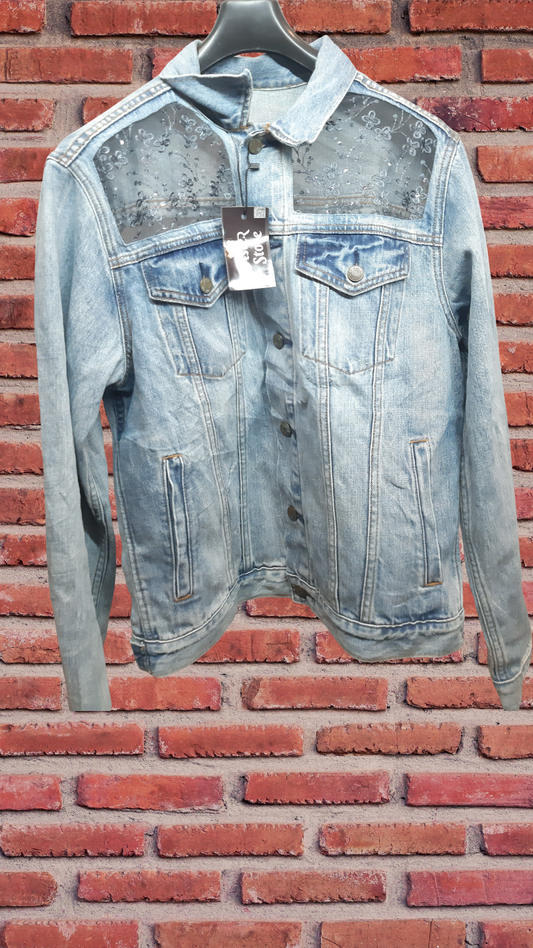 ๐ฉต๐ฉถArctic Grace โ Blue Denim Jacket with Grey Thread Embroidery on Net Fabric