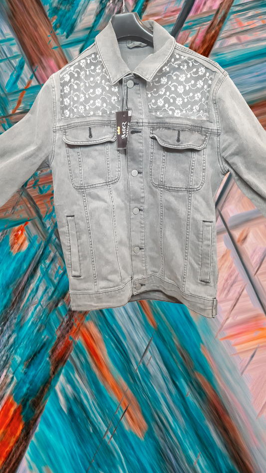 ๐ซ๏ธMist Whisper โ Grey Denim Jacket with White Thread Detailing on Net Fabric