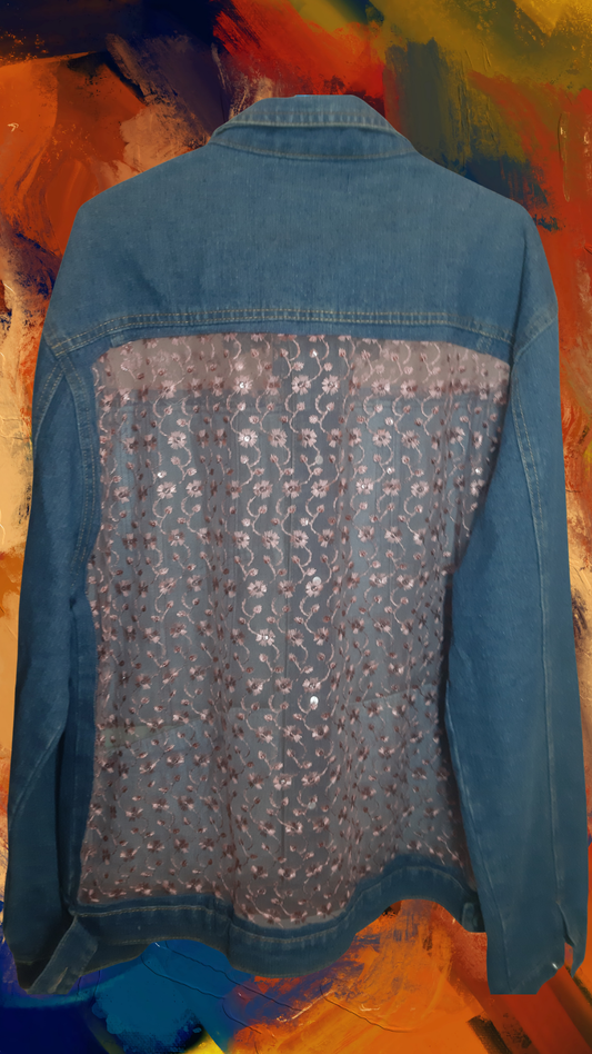 ๐๐ธMidnight Bloom โ Dark Blue Denim Jacket with Rose Pink Thread Detailing