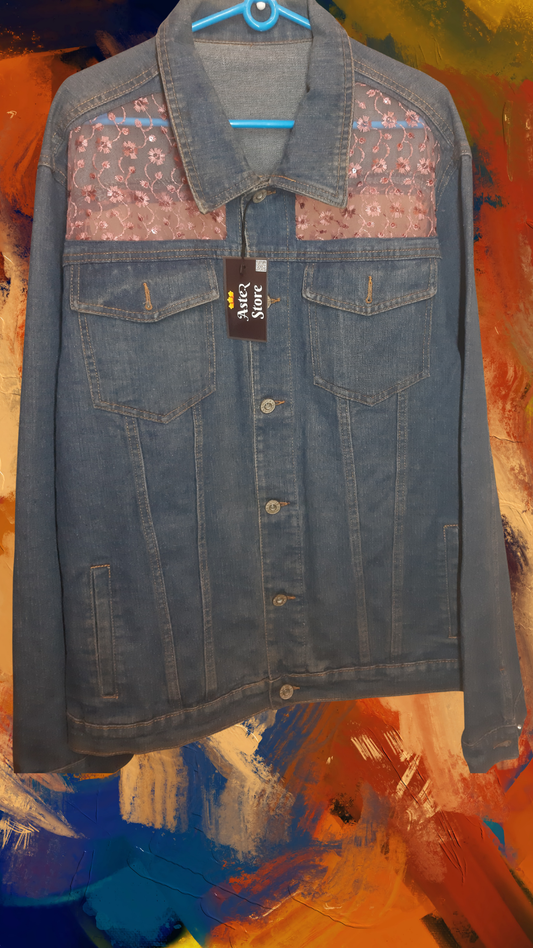 ๐๐ธMidnight Bloom โ Dark Blue Denim Jacket with Rose Pink Thread Detailing