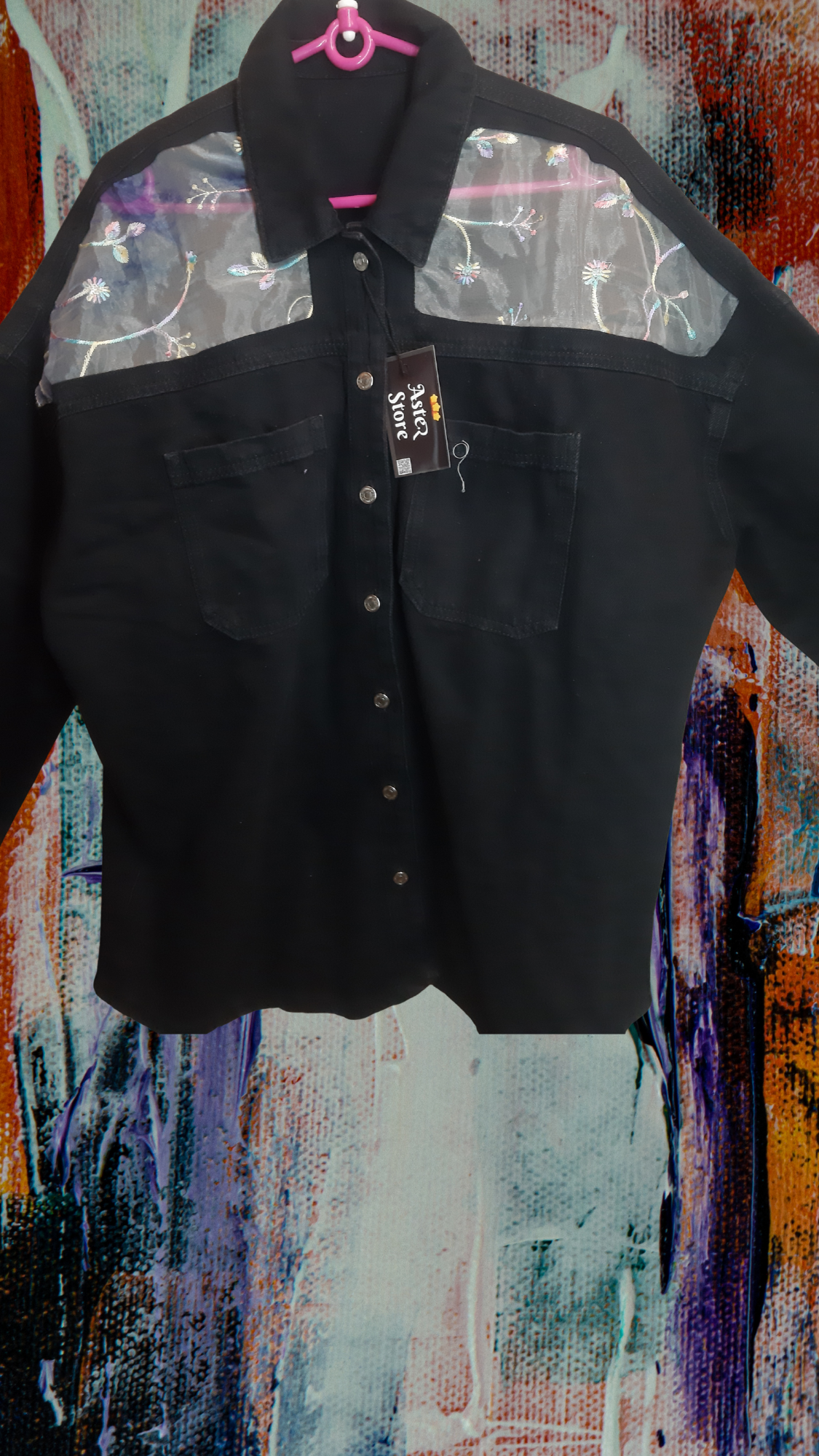 🖤🌸Enchanted Noir – Black Denim Jacket with Colorful Floral & Leaf Embroidery on Net Fabric