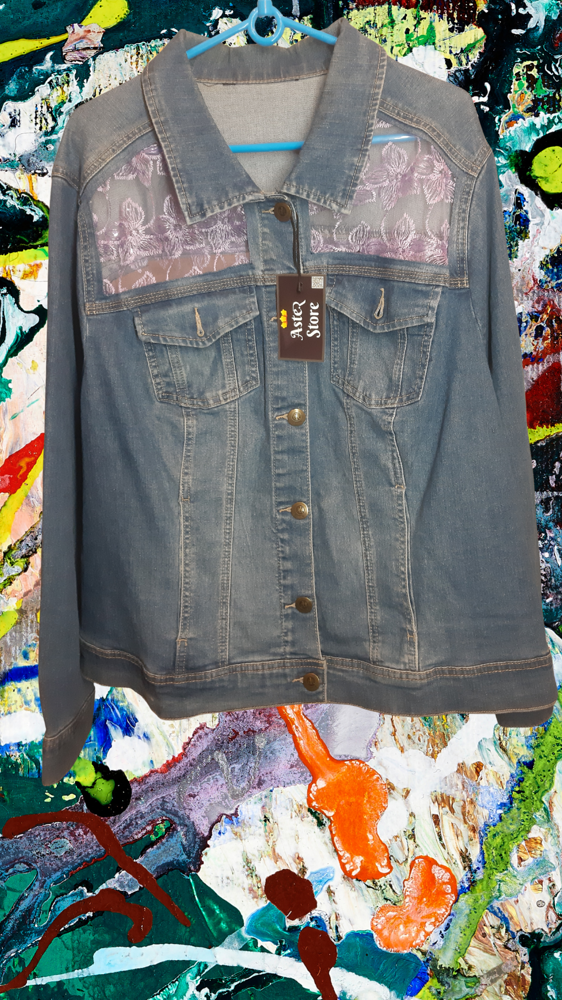 💜✨Midnight Bloom – Dark Blue Denim Jacket with Purple Floral Embroidery on Net Fabric