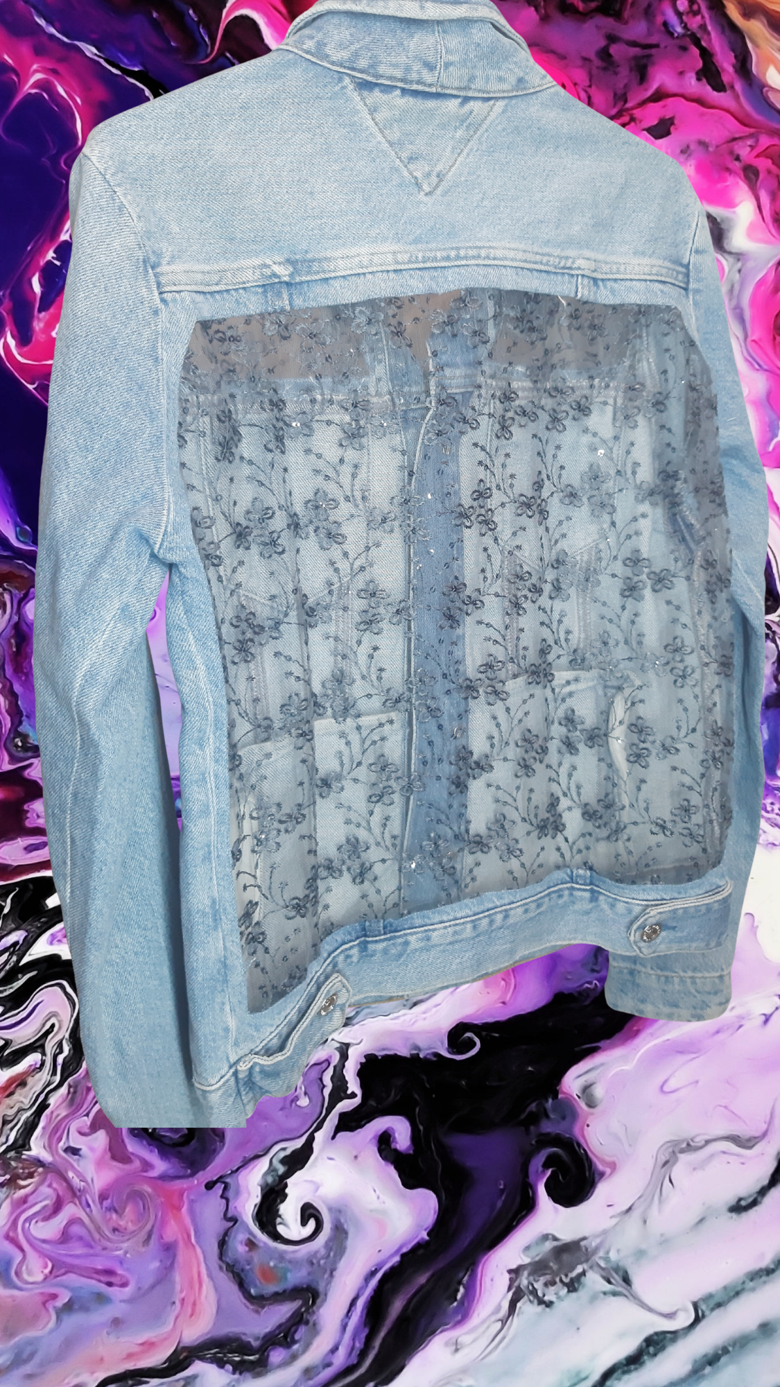 🩵🩶Arctic Grace – Blue Denim Jacket with Grey Thread Embroidery on Net Fabric