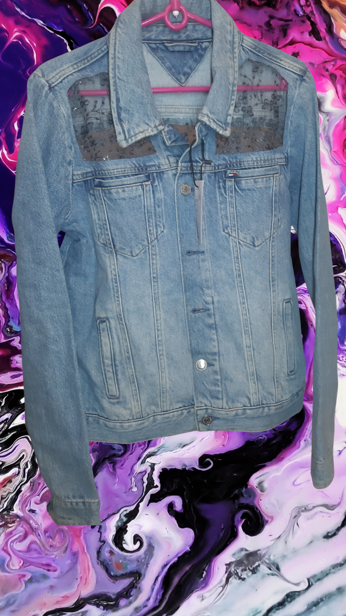 🩵🩶Arctic Grace – Blue Denim Jacket with Grey Thread Embroidery on Net Fabric