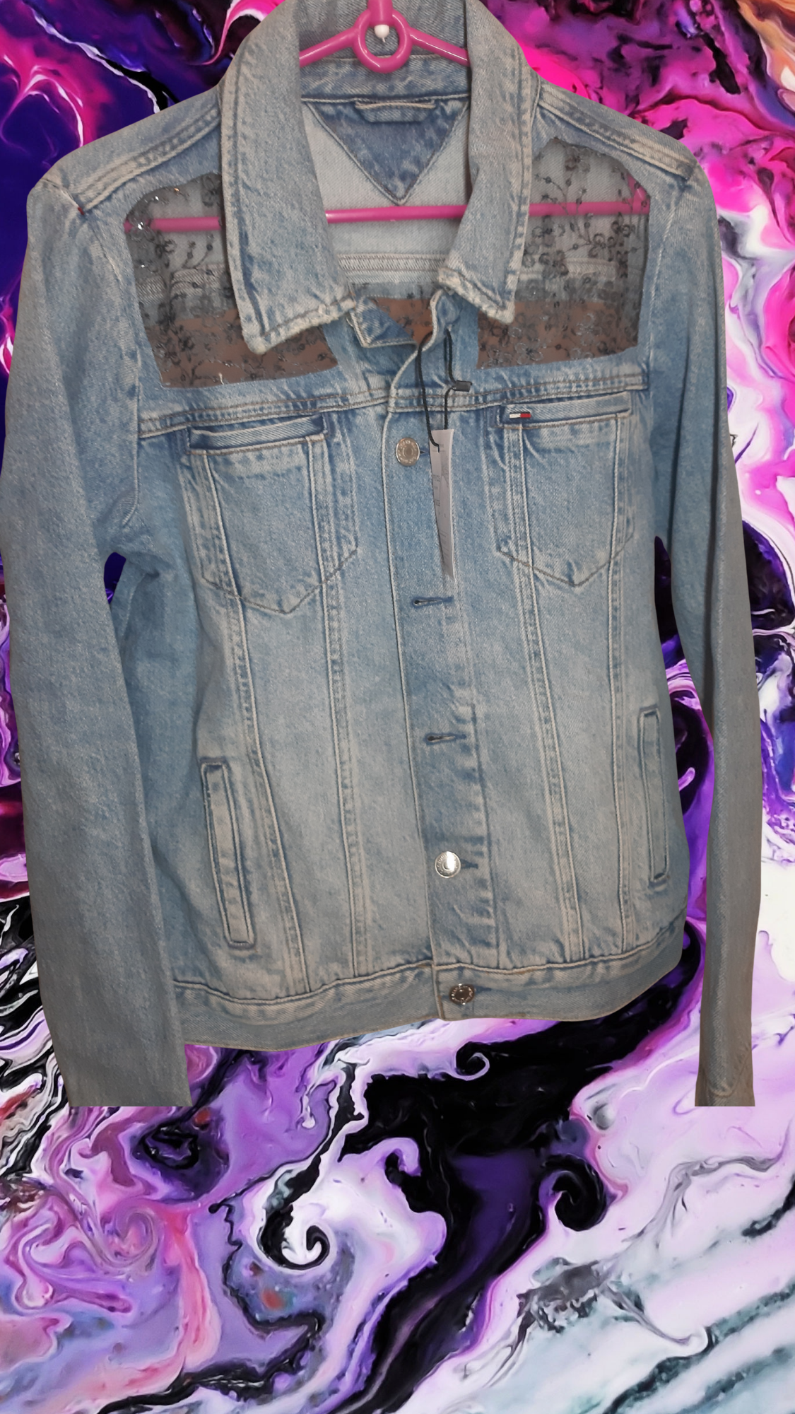 🩵🩶Arctic Grace – Blue Denim Jacket with Grey Thread Embroidery on Net Fabric