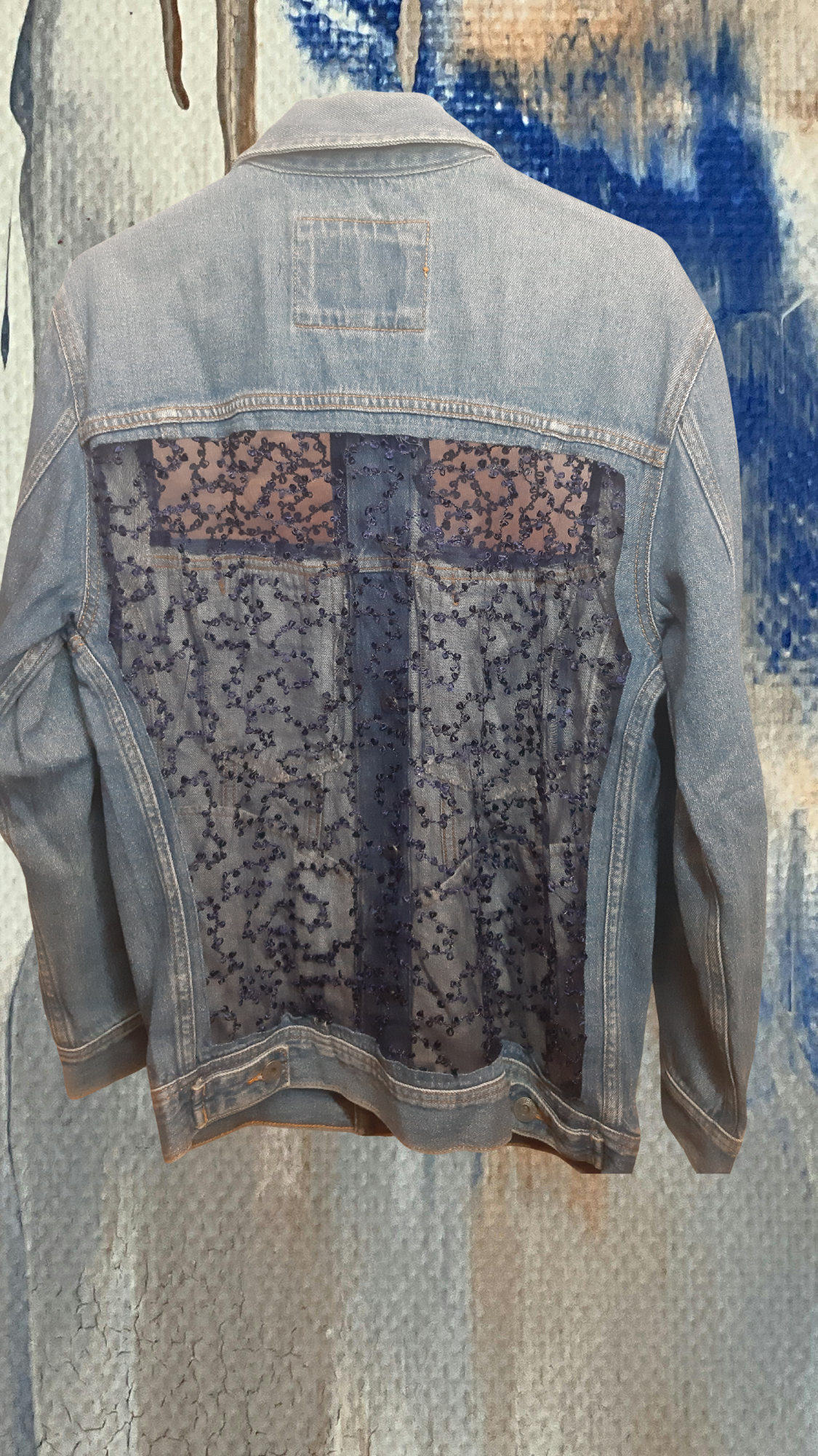 💙Midnight Tide – Dark Blue Denim Jacket with Blue Thread Embroidery on Net Fabric