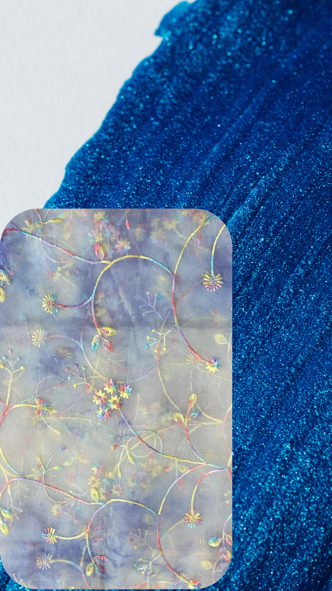 💠🌸Serene Bloom – Light Blue Denim Jacket with Colorful Floral & Leaf Embroidery on Net Fabric