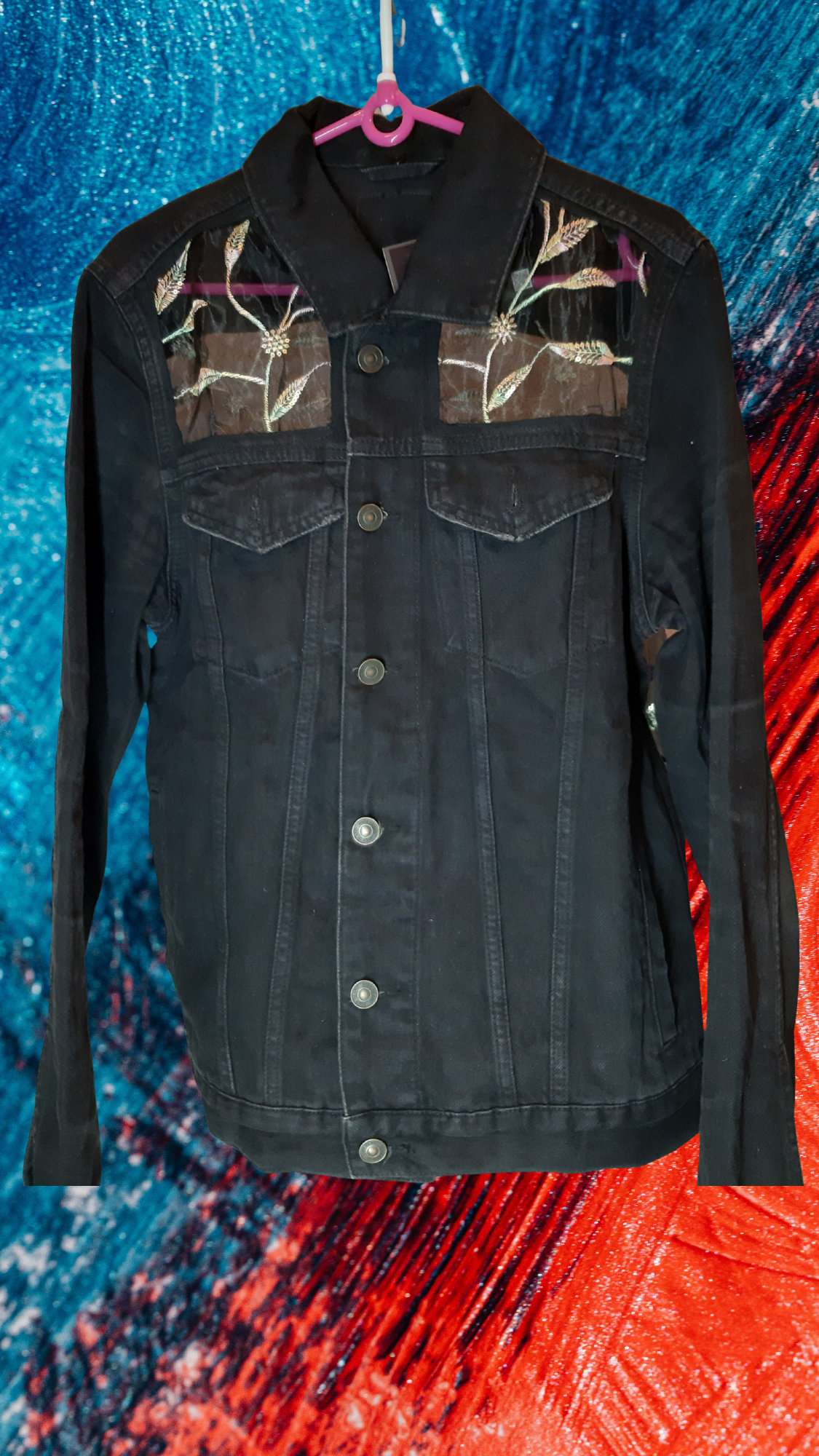 🖤Midnight Forest – Black Denim Jacket with Leaf Embroidery on Black Net Fabric