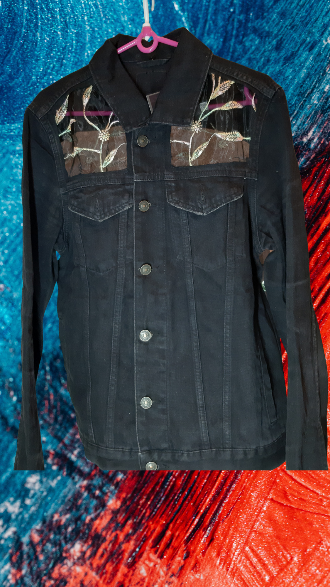 🖤Midnight Forest – Black Denim Jacket with Leaf Embroidery on Black Net Fabric