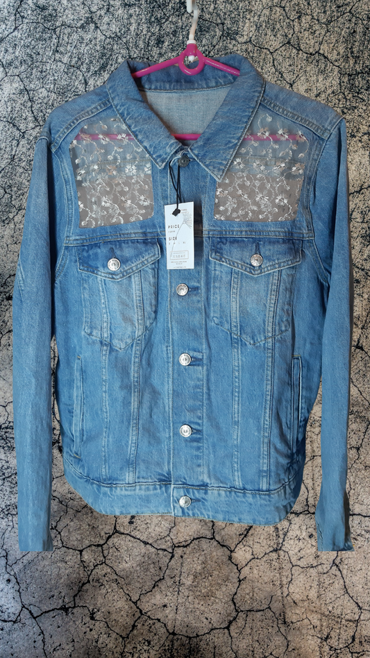 ๐Arctic Glow โ Light Blue Denim Jacket with White Thread Detailing on Net Fabric