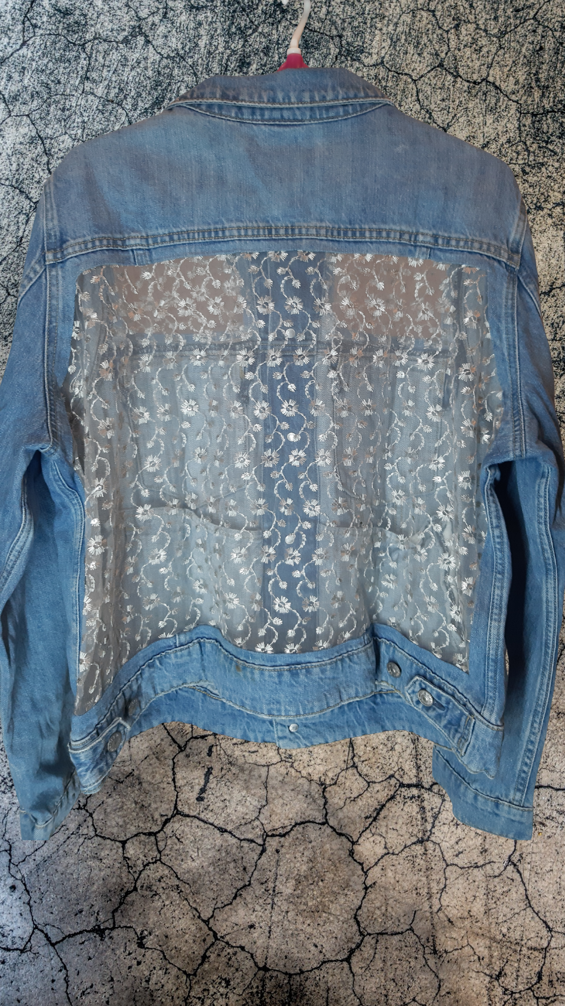 💎Arctic Glow – Light Blue Denim Jacket with White Thread Detailing on Net Fabric