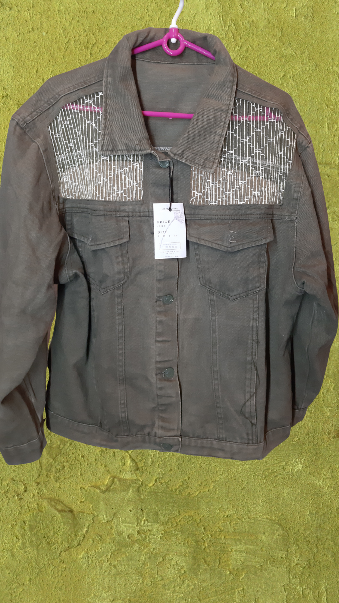 πΏπ Olive Garden β Olive Green Denim Jacket with Green Net Embroidery