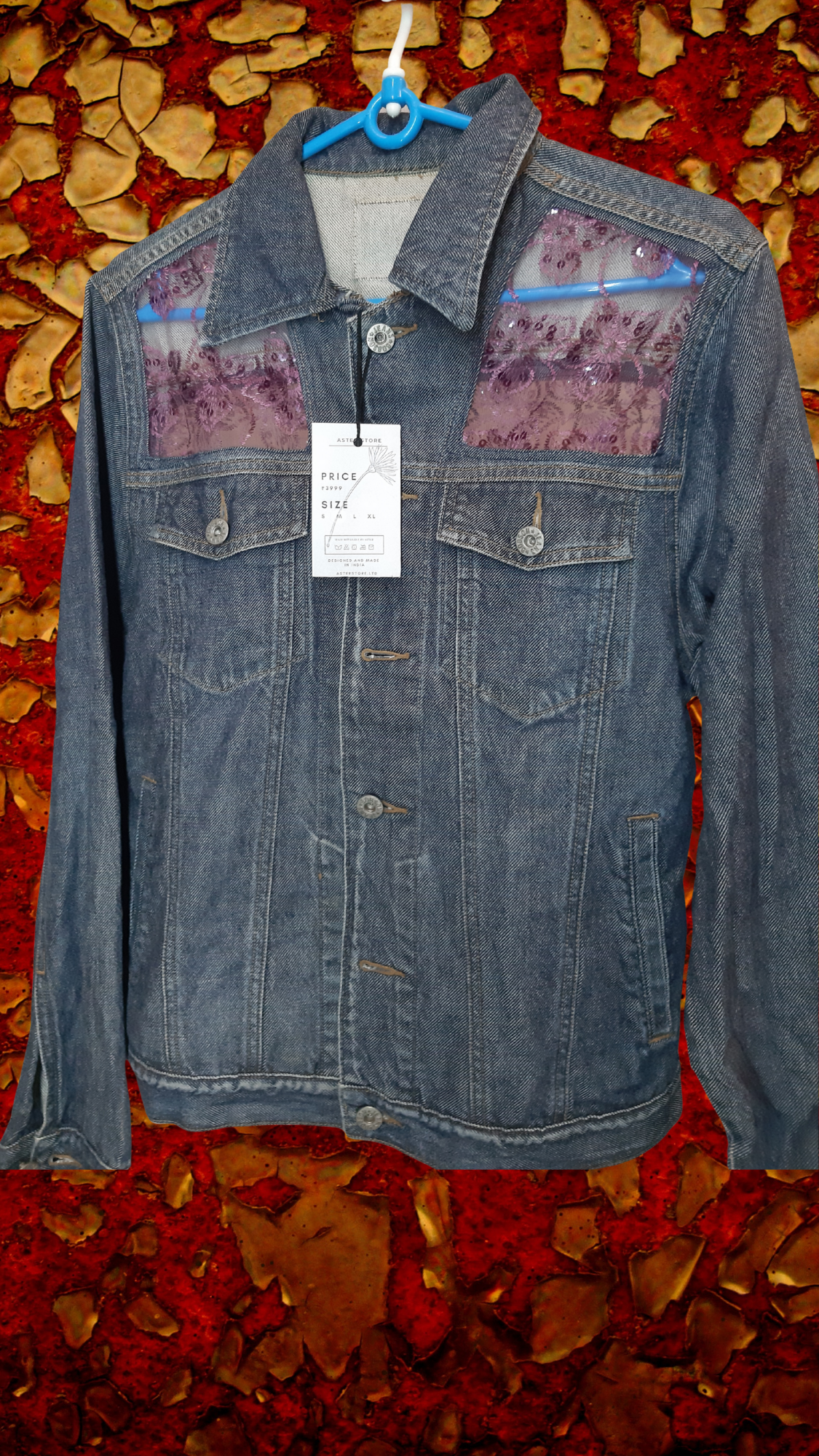 🌹💙Midnight Rose – Dark Blue Denim Jacket with Rose Pink Floral Embroidery on Net Fabric