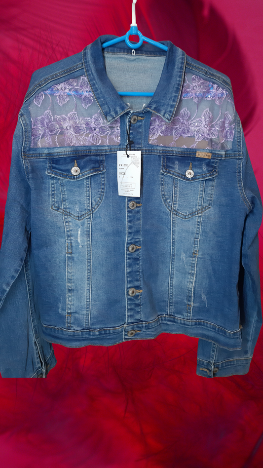 ๐โจMidnight Bloom โ Dark Blue Denim Jacket with Purple Floral Embroidery on Net Fabric