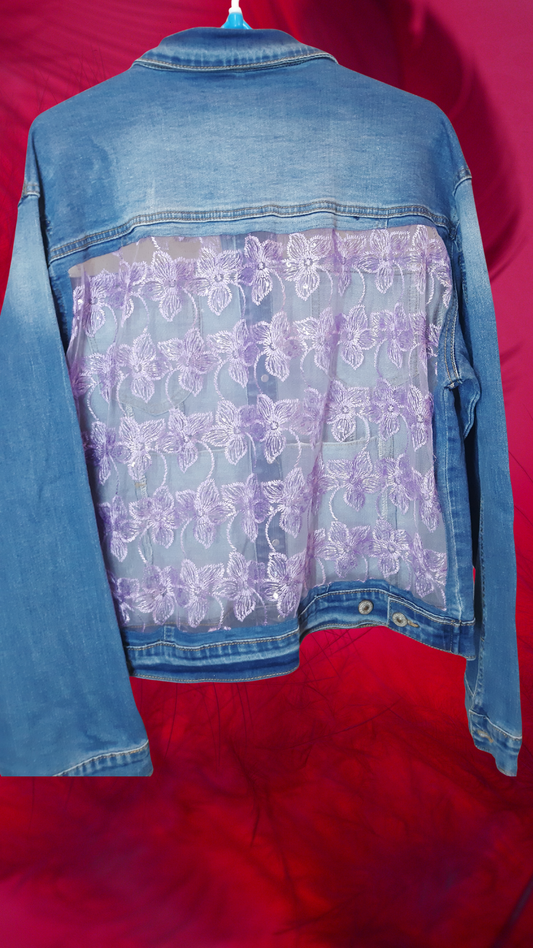 ๐โจMidnight Bloom โ Dark Blue Denim Jacket with Purple Floral Embroidery on Net Fabric