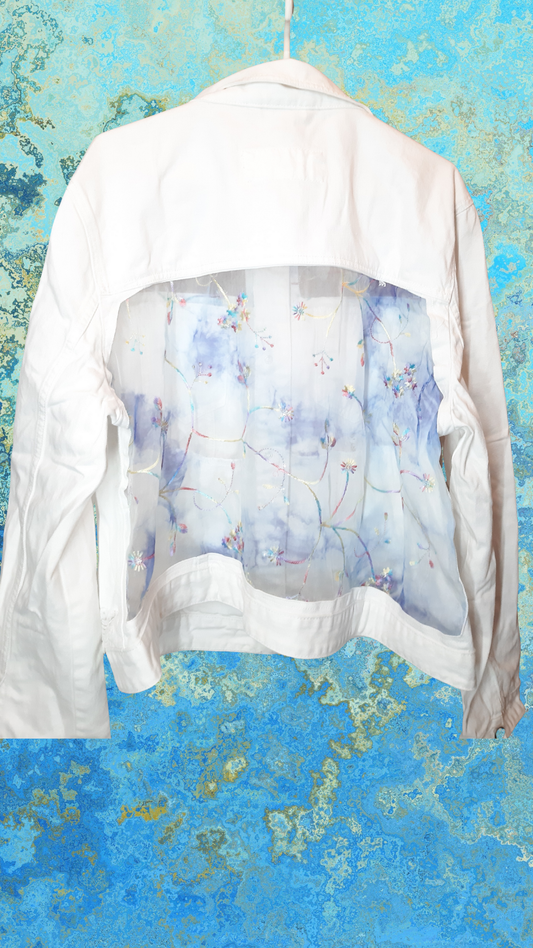 ๐ค๐ผEnchanted Ivory โ White Denim Jacket with Colorful Floral & Leaf Embroidery on Net Fabric