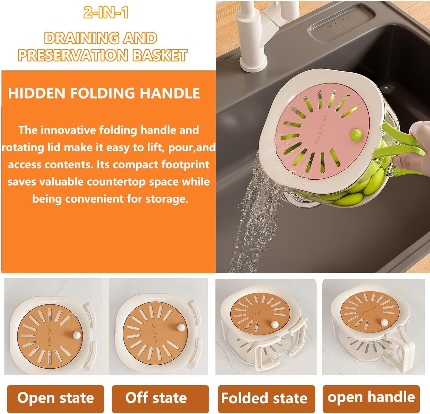 2‑in‑1 Multifunctional Handle Food & Fruit Draining Container – Portable, with Lid & Non‑Slip Grip