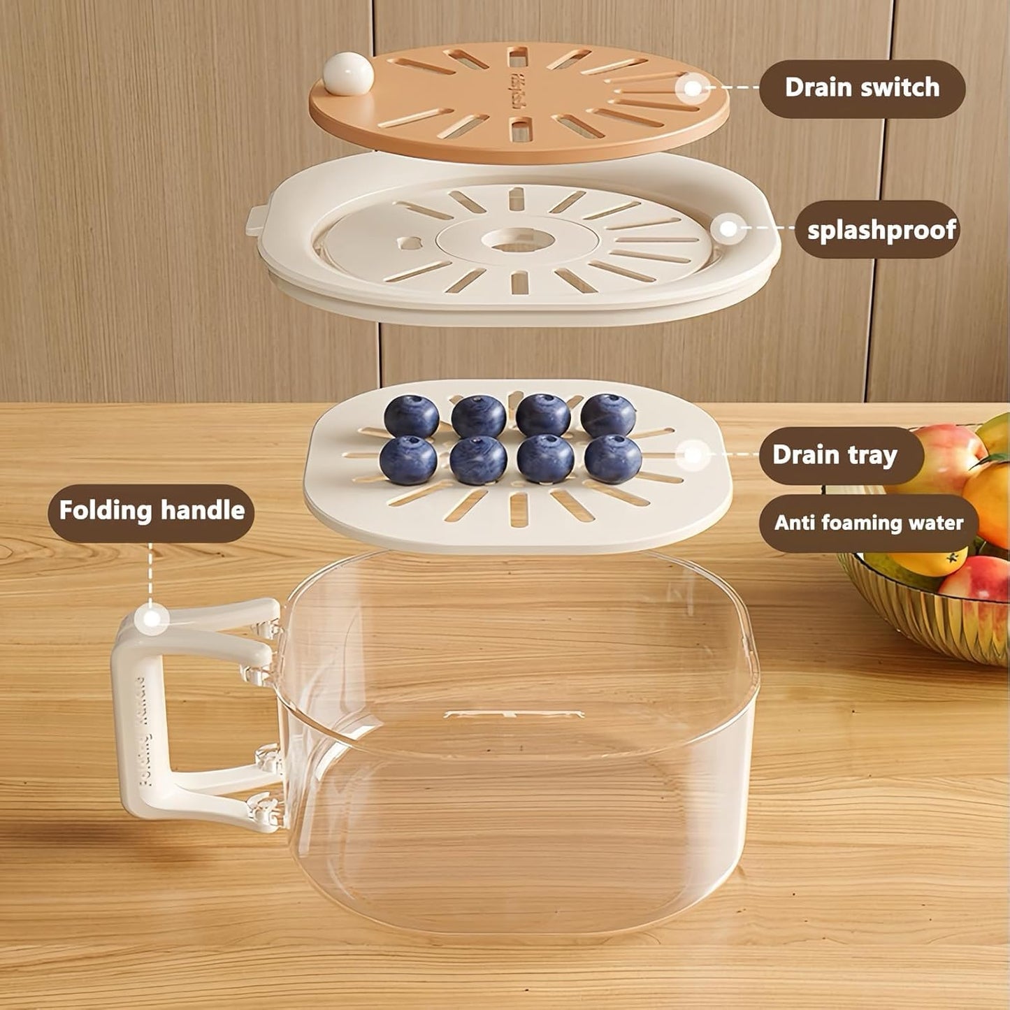 2‑in‑1 Multifunctional Handle Food & Fruit Draining Container – Portable, with Lid & Non‑Slip Grip