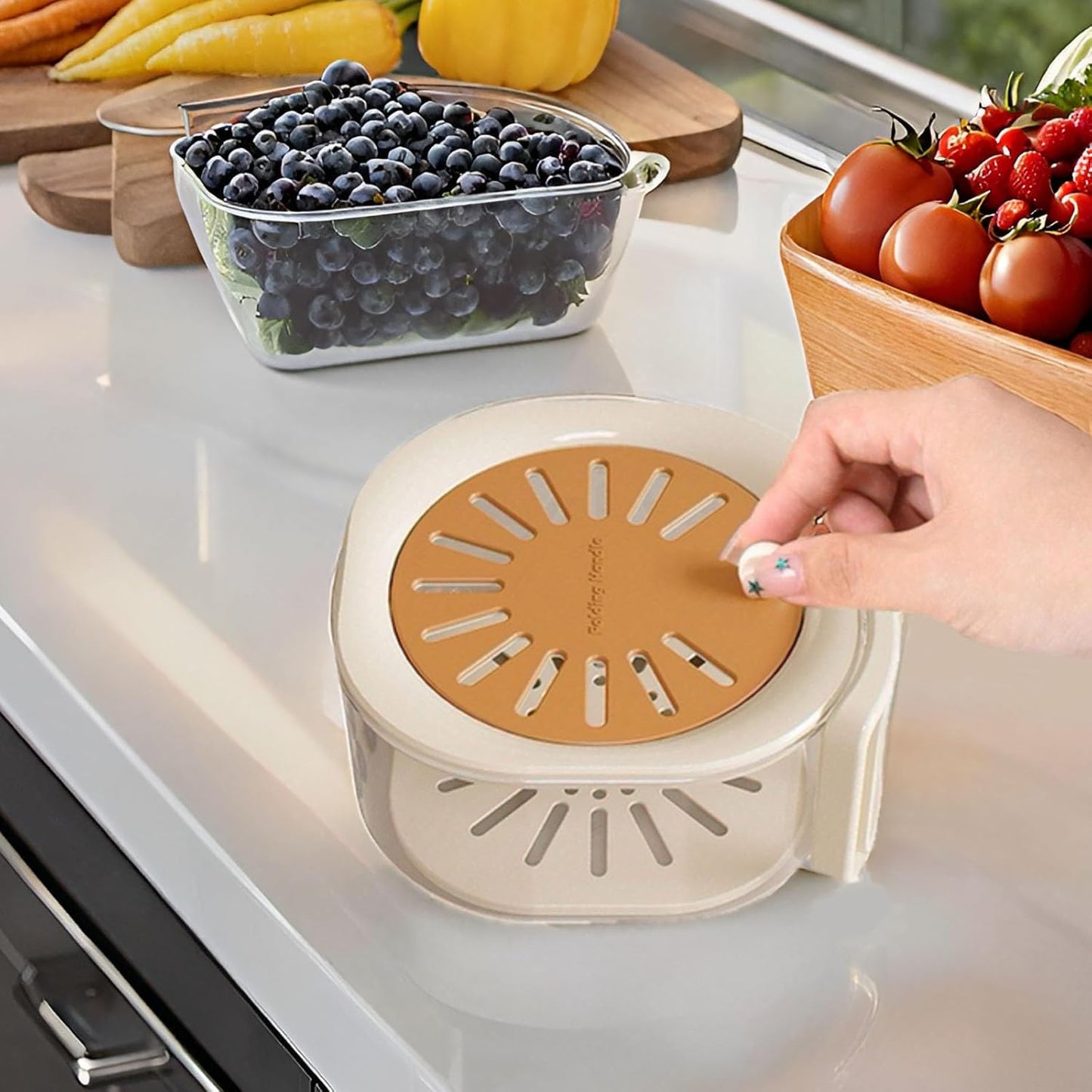 2‑in‑1 Multifunctional Handle Food & Fruit Draining Container – Portable, with Lid & Non‑Slip Grip