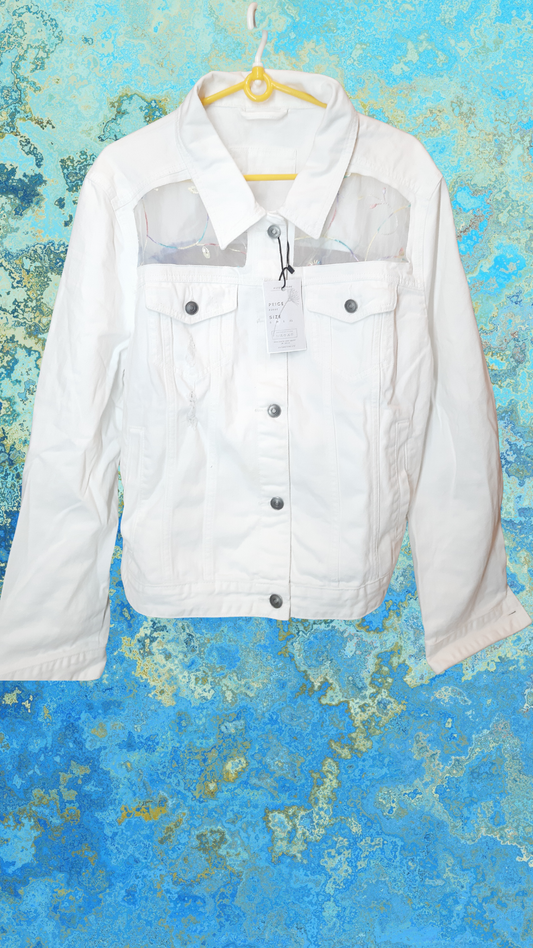 ๐ค๐ผEnchanted Ivory โ White Denim Jacket with Colorful Floral & Leaf Embroidery on Net Fabric