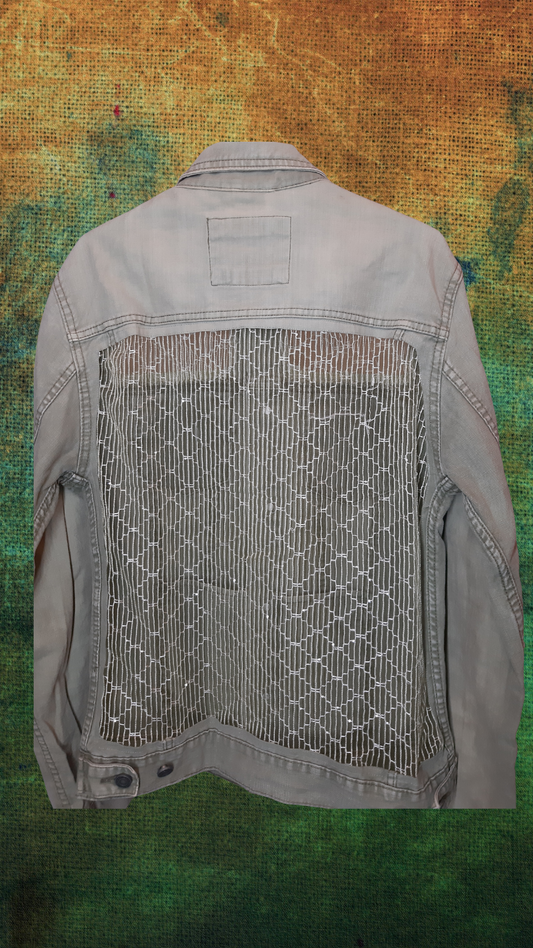 💚✨ Mint Eden – Light Green Denim Jacket with Green Net Embroidery