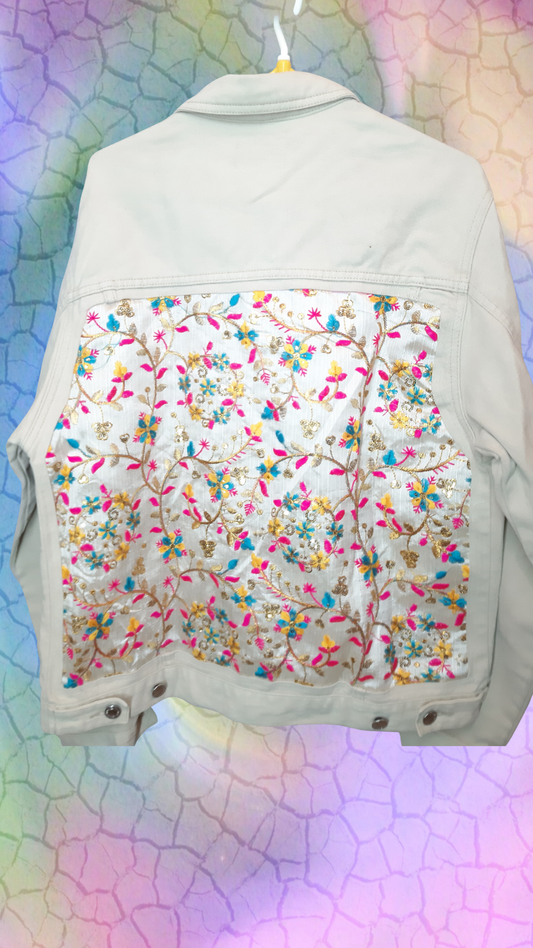๐คSand Whisper โ Beige Denim Jacket with Beige Thread Embroidery
