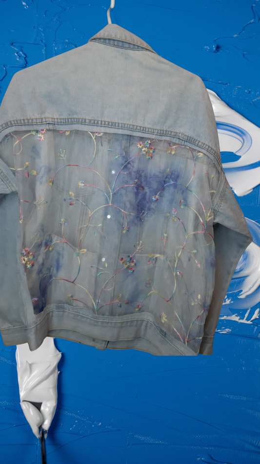 ๐ ๐ธSerene Bloom โ Light Blue Denim Jacket with Colorful Floral & Leaf Embroidery on Net Fabric