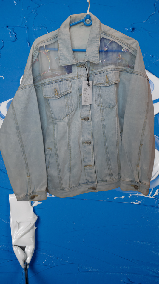 ๐ ๐ธSerene Bloom โ Light Blue Denim Jacket with Colorful Floral & Leaf Embroidery on Net Fabric