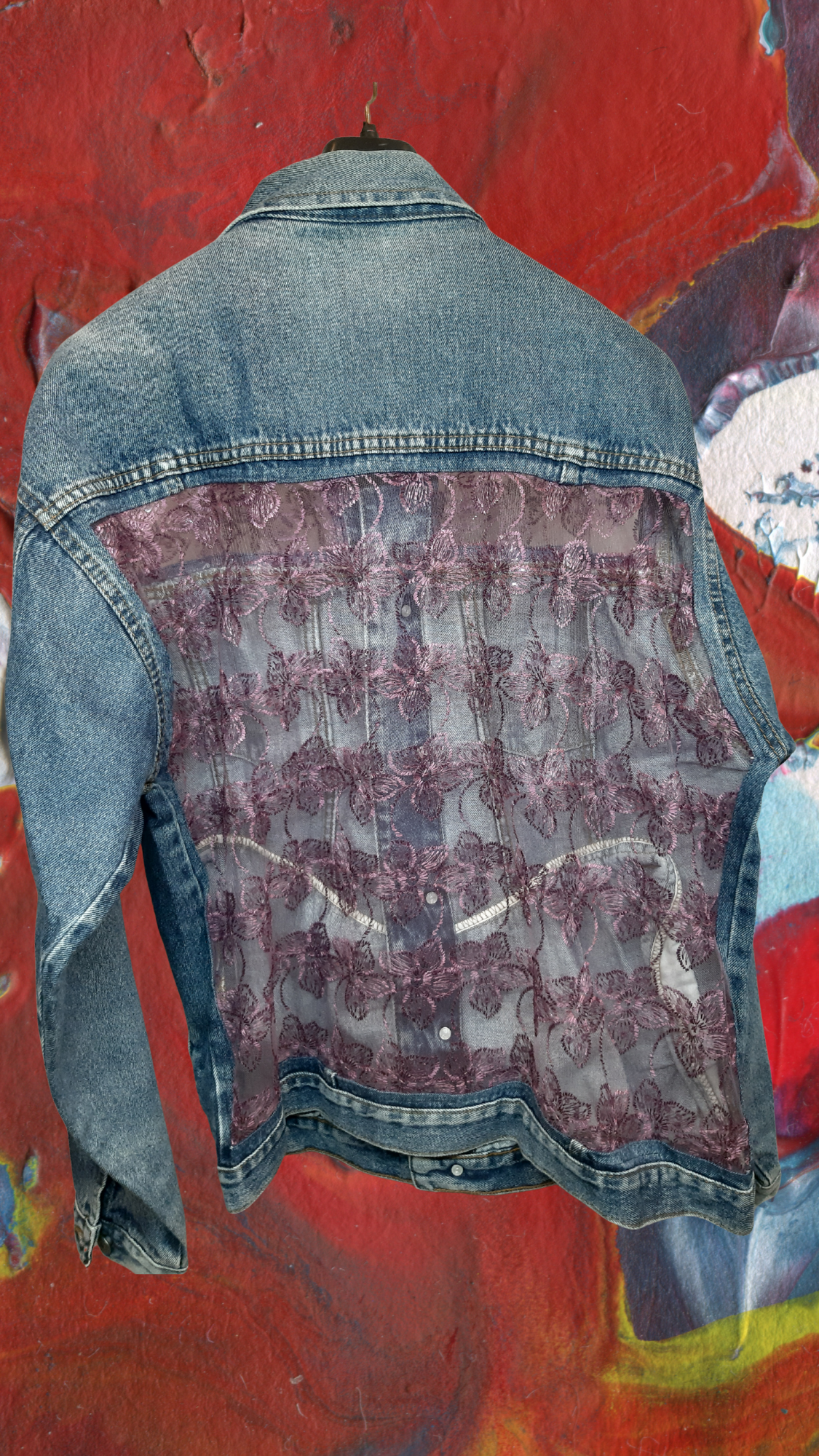 🌹💙Midnight Rose – Dark Blue Denim Jacket with Rose Pink Floral Embroidery on Net Fabric