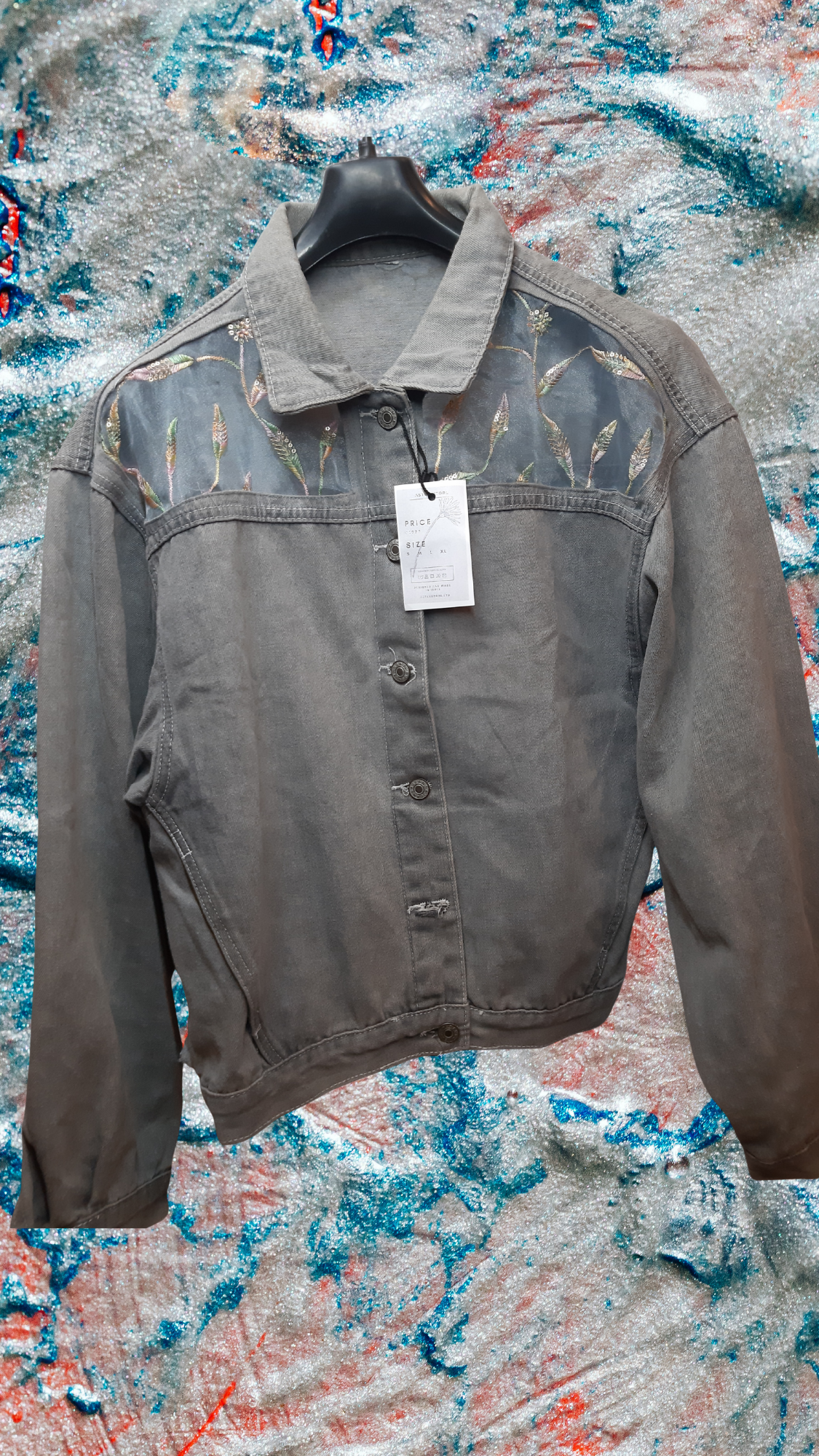 🌫️Silver Veil – Grey Denim Jacket with Leaf Embroidery on Net Fabric