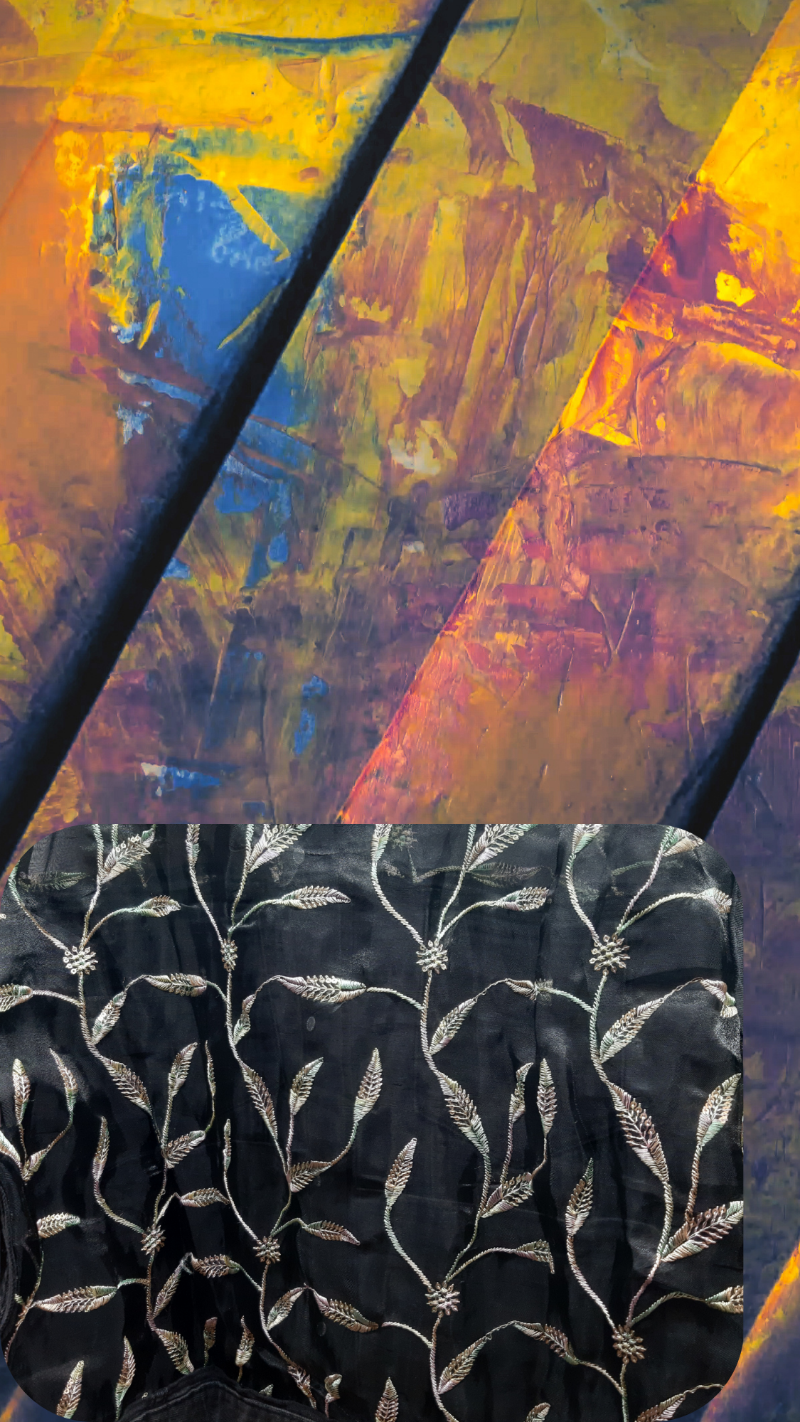 🖤Midnight Forest – Black Denim Jacket with Leaf Embroidery on Black Net Fabric