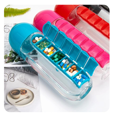 Pill Water Bottle, 2 in 1 Daily Pill Box Organizer with Water Bottle 600ml