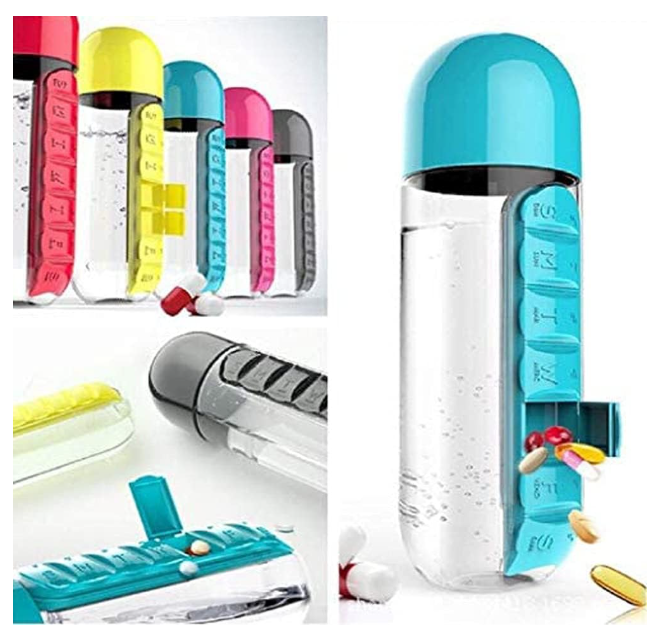 Pill Water Bottle, 2 in 1 Daily Pill Box Organizer with Water Bottle 600ml