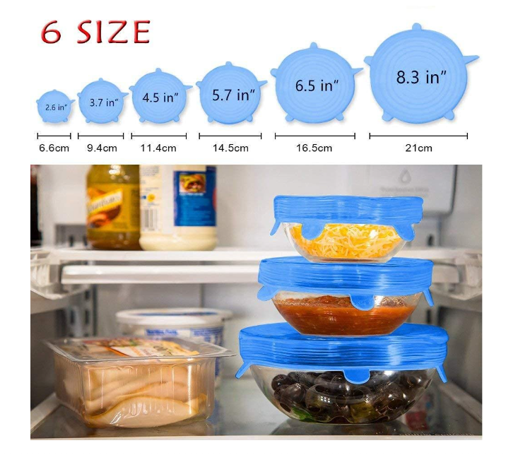 Silicone Lids for Bowls Cups Mug Glass Bowl, Stretchable Reusable Cover, 6 Sizes for Kitchen, Food Safe, Set of 6