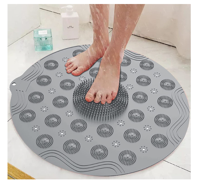 Bathroom Floor Mat Foot Scrubber Non Slip Anti Mould 2-in-1 Round Bath Mat & Massager with Drain Holes