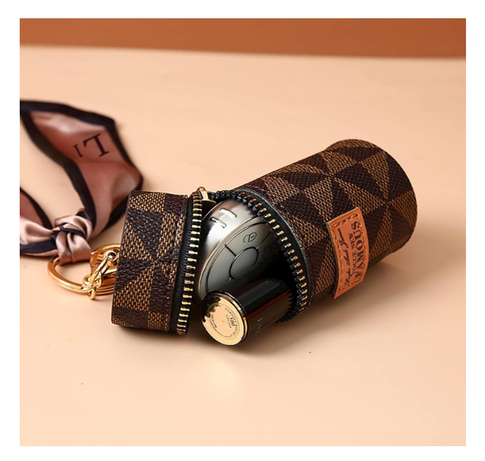 Luxury Leather Lip Gloss Bag, Mini Lipstick Case with Keychain