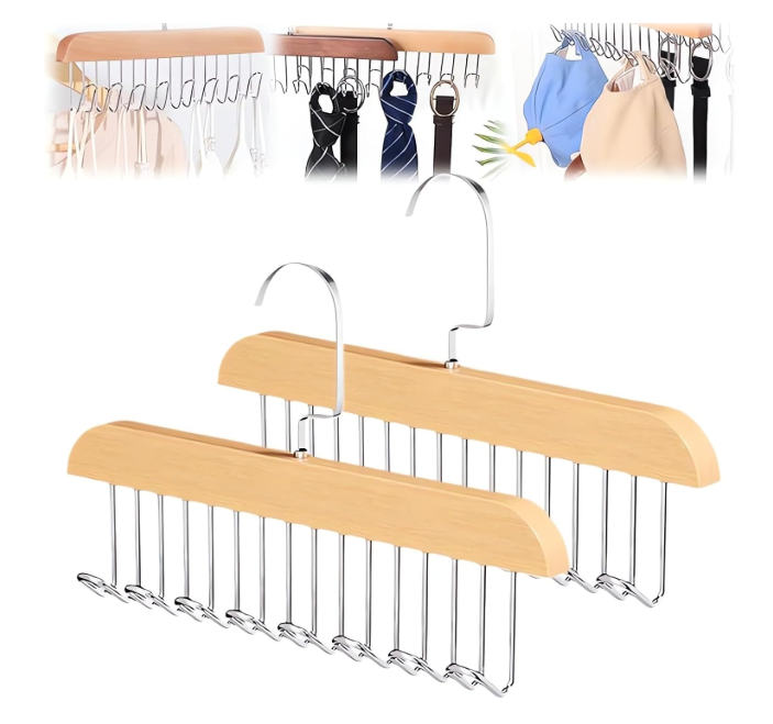 Multifunctional Non-Slip Storage Hangers with 8 Hooks 360 Degree Swivel Wooden Belt Hanger for Home Closet Clothing Storage Organization
