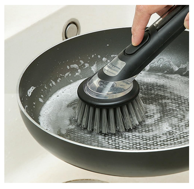 Dishwashing Brush with Soap Dispenser Kitchen Dishwashing Brush Black & Gray with Handle is Suitable for Tableware/Pans/Pots