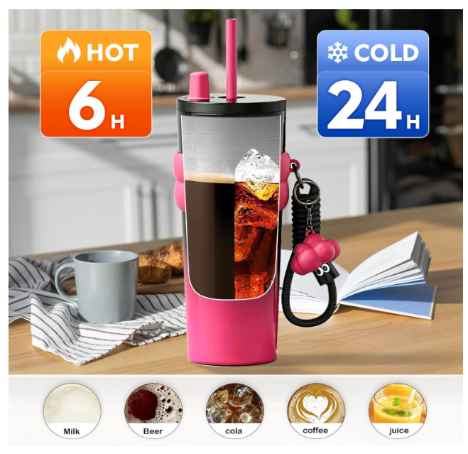 Tumbler Travel coffee Mug with Straw, 24 oz Insulated Cup for Home, Office or Car, Iced Coffee Cup Reusable Stainless Steel Water Bottle