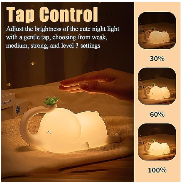 Elephant Night Lamp- Rechargeable Cute Lamp with 3-Level Brightness(Elephant, White)