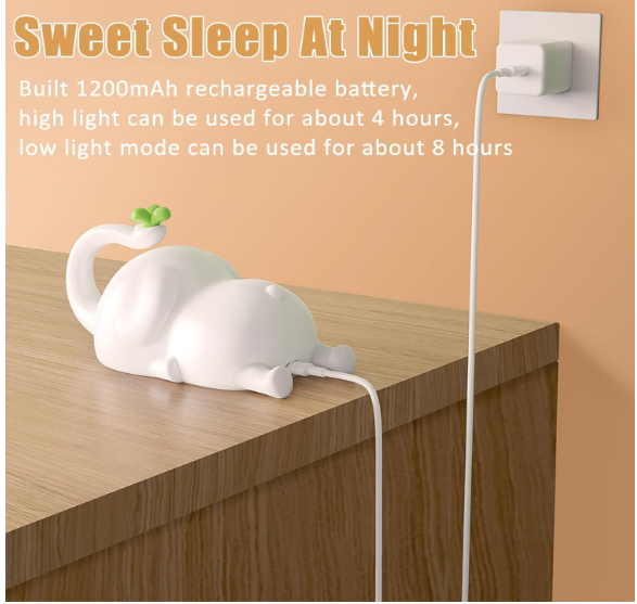 Elephant Night Lamp- Rechargeable Cute Lamp with 3-Level Brightness(Elephant, White)