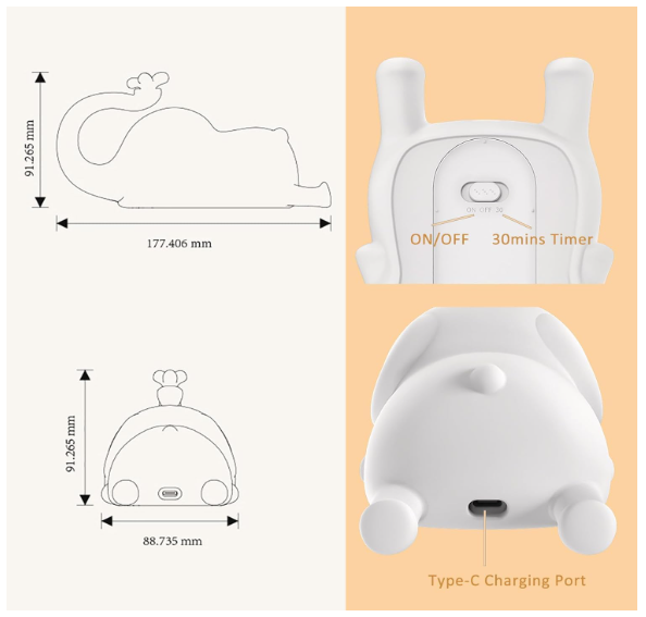 Elephant Night Lamp- Rechargeable Cute Lamp with 3-Level Brightness(Elephant, White)