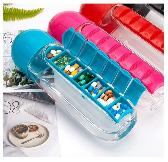 Pill Water Bottle, 2 in 1 Daily Pill Box Organizer with Water Bottle 600ml