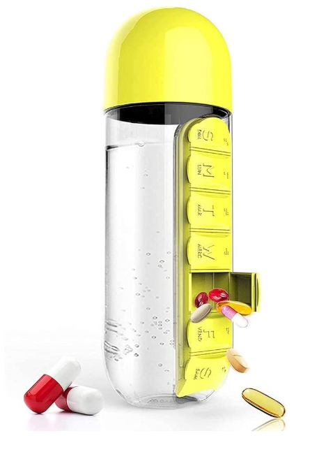 Pill Water Bottle, 2 in 1 Daily Pill Box Organizer with Water Bottle 600ml