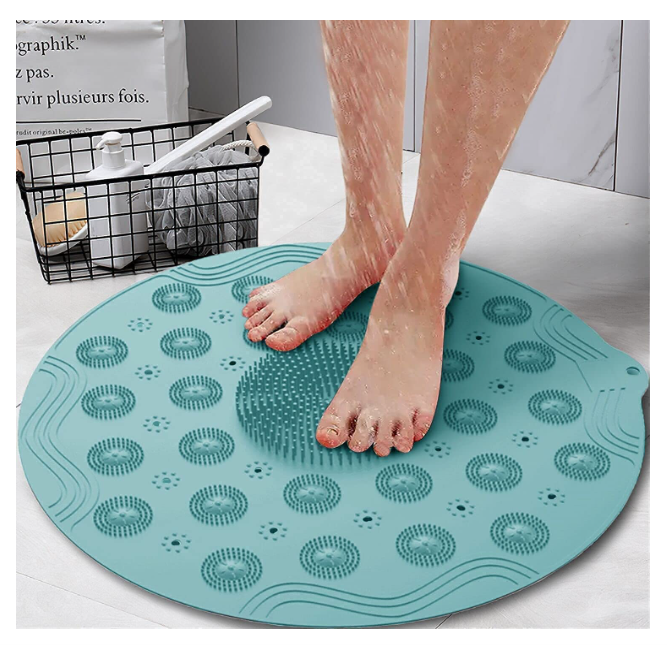 Bathroom Floor Mat Foot Scrubber Non Slip Anti Mould 2-in-1 Round Bath Mat & Massager with Drain Holes