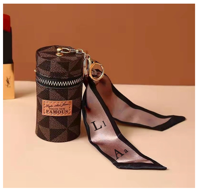 Luxury Leather Lip Gloss Bag, Mini Lipstick Case with Keychain